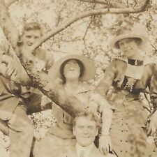 Antique Snapshot Photo Men Women Wearing Glasses Big Hats Climbing Tree 1910s picture