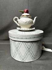 Vintage MUDPIE Teapot Hinged Trinket Box w Red Rose, in orig Box picture