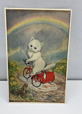 A/S Molly Brett, White Cat On Tricycle, Frog, Rainbow, ca 1950 Unposted picture