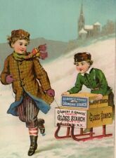 Victorian Trade Card Gilbert Graves Starch Boys Sledding 1882 Calendar on Back picture