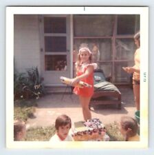 Vintage 1973 Photo Girl Holding Present Birthday Party 1970's Found Art R161A picture