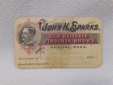 Original John H. Sparks Old Reliable Virginia Shows Annual Pass 1904 picture
