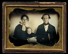 1/4 Tinted Daguerreotype of Family, Man Woman & Little Girl, 1800s Dag Photo picture