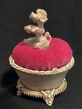 Vtg Florenza French Poodle Dog Footed Pink Velvet Pin Cushion Trinket Pin Box picture
