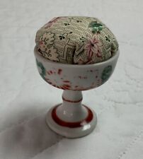 Antique Reproduction Pin Cushion, Round, Small Pedestal Cup, Pink, Green picture
