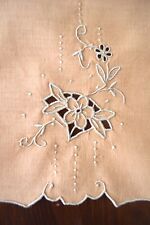 VINTAGE LINEN 1930s KITCHEN TOWEL MADEIRA WOVEN PEACH  EMBROIDERY APPLIQUE TAG picture