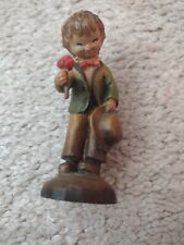 ANRI WOOD CARVING NEW VINTAGE BOY HOLDING A ROSE 3 1/2 INCHES TALL picture