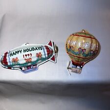 VTG Hallmark Holiday Fliers Ornaments Pressed Tin (2) Hot Air Balloon & Blimp picture
