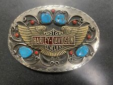 Harley Davison’s Belt Buckle Tourquoise And Coral Stones picture