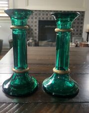 Hand Blown Evergreen Candlestick Holders (2) 6 In H With Gold Trim picture