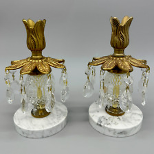 Catco Vtg Italian Crystal Brass Candle Holder Pair Hollywood Regency Marble Base picture