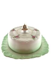 Vtg Royal Stafford Covered Butter Dish Square Plate Round Finial Dome Pink Roses picture