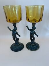 Vintage Brass Cherub Votive Candle Holder Amber Glass 8