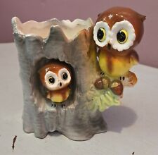 Vintage Norcrest anthropomorphic owls mom and baby on hollow acorn tree trunk pl picture
