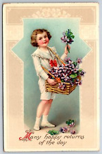 Holiday~Many Happy Returns~Child W/ Basket Of Flowers~Postmarked~Vtg Postcard picture