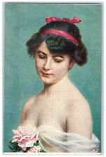 c1910's Pretty Woman Short Hair Half Nude Flowers Unposted Antique Postcard picture