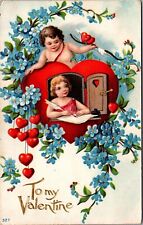 Valentine Postcard Cherub Bow Arrow Girl Writing Letter Inside Heart Window~4569 picture