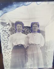 Antique 4x5 Glass Plate Negative Two Women In Dresses In Front Of Firewood F7BAE picture