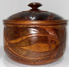 Beautifully Hand Carved Fish Koi Floral Large Wooden Bowl W/ Lid Heavy MCM picture
