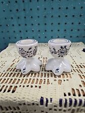 Vintage Pair Blue And White Ceramic Candle Holders, Handpainted, Portugal picture