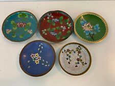 Vtg Chinese Cloisonné Multicolored Lot of 5 Saucers w/ Hand Painted Floral Dec. picture