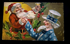 Santa Claus Toasts & Shake Hands w. Uncle Sam Patriotic Christmas Postcard-k122 picture