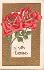 1909 Birthday Postcard of Pretty Pink Roses With Golden Borders - 565 picture