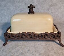 Artimino Tuscan Countryside Earthenware  Butter Dish  Cream with Cast Iron Stand picture