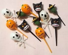 12 Vintage Plastic Halloween Cup  Cake Picks Skull Black Cat Pumpkin Witch  picture