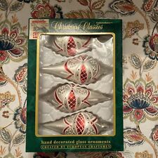 Vintage Commodore Hand Decorated Glass Ornaments White & Red Set Of 4 picture