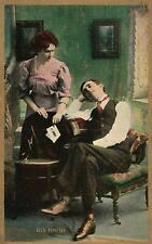 Vintage Postcard 1909 Man Sleeping on Chair While Woman Stands Over Him picture