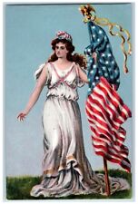 c1910's Miss Liberty Hat Curly Hair Holding Flag Patriotic Antique Postcard picture