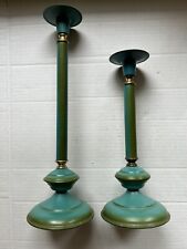 Pair Vintage Blue Green & Brass Candlesticks Candlestick Holders MCM picture
