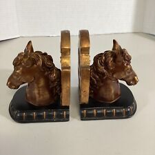 Vintage Pair of Metal Horse Bust Bookends Equestrian Brass Colored Table Decor   picture