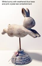 White weathered primitive leaping rabbit on pedestal base with embellishment picture