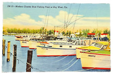 KEY WEST FLORIDA Vintage Linen Postcard UNUSED Deep Sea Fishing Boat Dock Boats picture