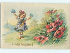 Cancelled Very Hard 1922 foreign CUTE GIRL HOLDS UP FLOWER BOUQUETS o7033 picture