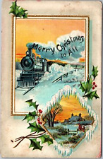 Postcard Merry Christmas to All Train winter scene embossed picture