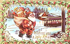 c1910 Christmas Postcard Santa Wears Brown Trim Suit Lugs Toys Sees Trolley Car picture