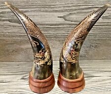 2x Antique Vintage 21cm Asian Handmade Carved Dragon Horn Mounted on Wood Base  picture