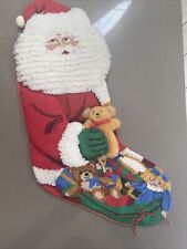 Vintage Completed Needlepoint Santa Stocking Christmas Toys Bear Fabulous 22” picture