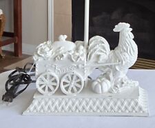 RARE French Country Vintage Cast Iron Lamp White Rooster W/ Harvest Cart - Works picture