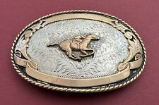Awesome Old Western Solid Sterling Silver Race Horse 2 Banner Trophy Belt Buckle picture