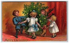 1907-15 Christmas Postcard Children Dancing Around Tree Teddy Bear Embossed picture