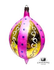 Vintage Jumbo Poland Pink & Gold Glass Teardrop Christmas Ornament picture