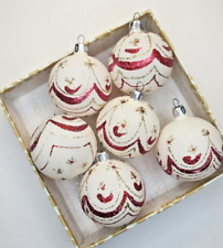 Vintage White Red Frosted Glass Ornaments Lot of 6 Glitter Snowflakes picture