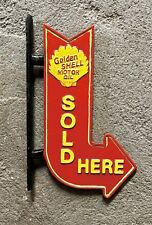 Golden SHELL Motor Oil “SOLD HERE” Cast Iron Flange Arrow Sign, 12” x 7” picture