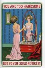 Antique Postcard Comic Humor You Are Two Handsome Girl Mirror Posted 1913 picture