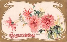 1909 Congratulations Postcard - Art Nouveau Borders Around Pretty Chrysanthemums picture