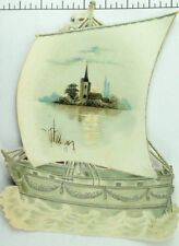 1880's-90's Victorian Die-Cut Ship Card Sailboat Night Moon Castle &H picture